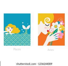 Woman horoscope. Aries and aquarius signs. Vector illustration