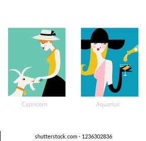 Woman Horoscope Set. Capricorn And Aquirius Vector Illustration