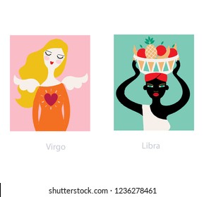 Woman horoscope set. Virgo and libra zodiac signs. Vector illustration