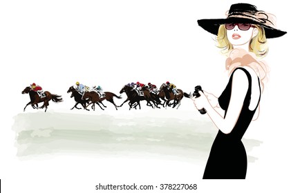Woman in a horse racecourse with binoculars - vector illustration