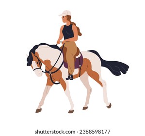 Mujer haciendo equitación. Viajera a caballo. Caminata ecuestre, pasear. Niña ecuestre sobre el semental, correa, sentada en la silla, sosteniendo velas. Ilustración vectorial plana aislada en fondo blanco