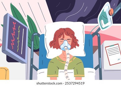 Woman in hospital bed. Female patient oxygen mask artificial ventilation lungs in unconscious after surgery or accident, pneumonia sick girl monitoring classy vector illustration original artwork