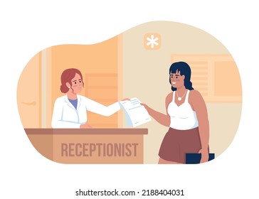 Woman and hospital receptionist 2D vector isolated illustration. Medicine flat characters on cartoon background. Health colourful editable scene for mobile, website, presentation. Bebas Neue font used