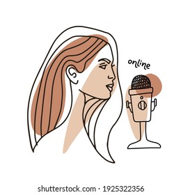 The woman host broadcasts the online podcast into the microphone. Female face in profile speaking in mic. Recording studio concept. Flat linear vector illustration
