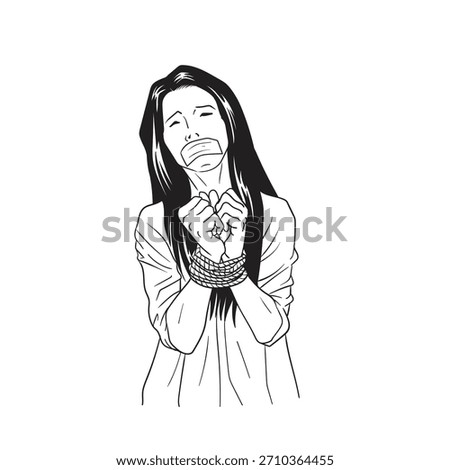 Woman hostage with bound hands, vector illustrator.
