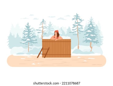 Woman in hot bath in winter forest. Wooden heated barrel tub on patio with snowy landscape, spruce trees, clouds on white background. Young female in hat, swimsuit, spa in nature concept. Vector art.