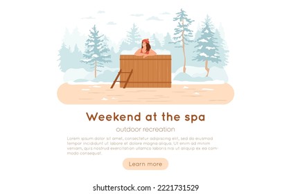 Woman in hot bath in winter forest. Wooden heated barrel tub on terrace with snowy landscape, spruce trees, clouds on white background. Young female in hat, swimsuit, resting in nature, vector banner