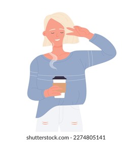 Woman with hot coffee cup. Takeaway beverage, street drinks to go vector illustration