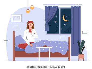 Woman with hot drink at night concept. Young girl at bed with chocolate cookies and tea or coffee. Dessert and delicacy. Tasty liquid and beverage. Cartoon flat vector illustration