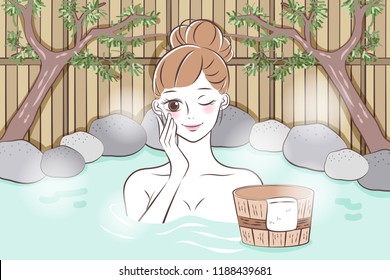 woman with hot spring and enjoy herself