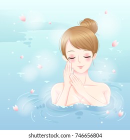 woman with hot spring and enjoy herself