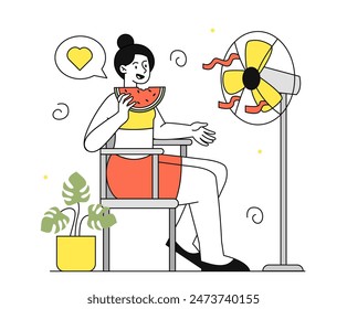 Mujer en verano caluroso. Muchacha joven se sienta con pedazo de sandía en frente de ventilador eléctrico. Comodidad y comodidad en casa en verano. Ilustración vectorial plana lineal aislada sobre fondo blanco