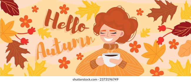 Woman with hot tea, leaves, flowers and text HELLO, AUTUMN on be