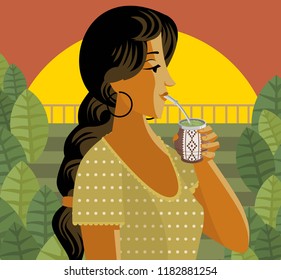 woman with hot tea yerba mate