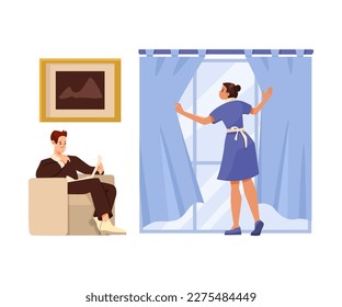 Woman Hotel Maid at Window and Man Customer Sitting in Chair Reading Newspaper Vector Illustration