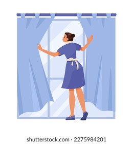 Woman Hotel Maid at Window Pulling Curtains Open Vector Illustration