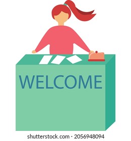 Woman at hotel reception desk vector icon. Lobby employee, office manager character at table. Welcome service. Secretary staff at counter for hostel or bank visitor registration