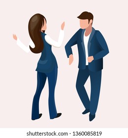 Woman Hotel Receptionist Assistant Manager Welcome Man Tourist Vector Isometric Illustration. Administrator Staff Help Client Businessman Concept. Cartoon Characters Office Employee Guest