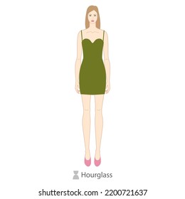 Woman Hourglass Body Shape Character In Dress. Female Vector Illustration Silhouette 9 Nine Head Size Lady Figure Front View. Vector Isolated Outline Sketch Girl For Fashion Sketching And Illustration