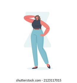 Woman with Hourglass Body Shape, Female Character Figure Type with Wide Shoulders, Hips and Narrow Waist, Girl Posing in Jeans and Top Isolated on White Background. Cartoon People Vector Illustration