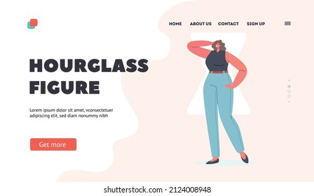 Woman with Hourglass Body Shape Landing Page Template. Female Character Figure Type with Wide Shoulders, Hips and Narrow Waist, Girl Posing in Jeans and Top. Cartoon People Vector Illustration