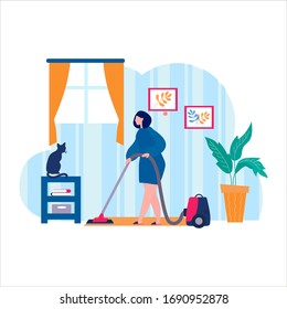 Woman House cleaning. Character Domestic Housework Cleaning Floor. Housekeeping Time with Vacuum Cleaner. Self-isolation and remote work during Covid-19 outbreak. Vector Illustration