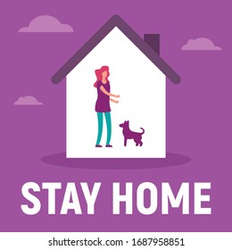 Woman in the house is inside play with the dog. Vector concept with man on quarantine and self isolation play with the dog. Stay home