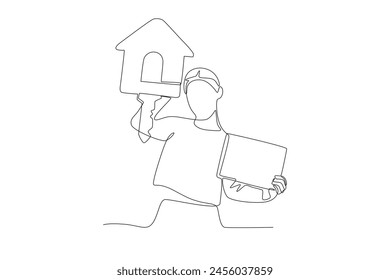 Woman with house key and certificate symbol. Buy a new house concept one-line drawing