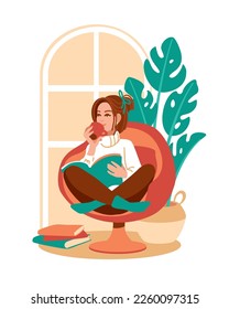 The woman in the house rests and reads books and has a good time with herself. Vector illustration.