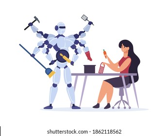 Mujer: esposa de casa preparando plato, rallando zanahoria para la sopa. Robot realizando diferentes tareas sosteniendo el alfiler, la sartén, el martillo. Ilustración vectorial de inteligencia artificial multitarea