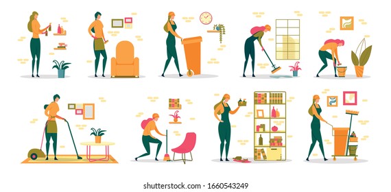 Woman at Household Activities, Professional Cleaning Service Worker or Housewife Cartoon Female Character Set. Domestic Chores and Housekeeping, Garbage Utilization. Flat Vector Illustration Isolated.