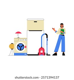 Woman With Household Appliances In Flat Vector Illustration Symbolizing Home Maintenance, Cleaning, And Modern Domestic Technology, Isolated On White Background.