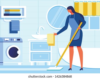 Woman Housekeeper Cleaning Bathroom. Housewife in Apron Moping Floor, Straightening Towel on Sink. Flat Interior. Cartoon Female Character. Relevance Household Appliances Usage. Vector Illustration