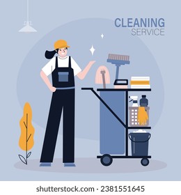 Woman housekeeper, female staff in uniform. Housewife or cleaning company worker clean and wash. room service. Young adult with equipment. Cleaning service concept. flat vector illustration