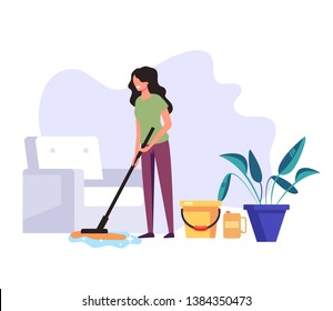 Woman housekeeper housewife cleaning company worker clean wash floor in house living room. Cleaning service concept. Vector flat graphic design cartoon illustration