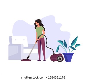 Woman housekeeper housewife cleaning company worker clean vacuuming wash floor in house living room. Cleaning service concept. Vector flat graphic design cartoon illustration