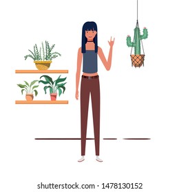 woman with houseplant and macrame hangers