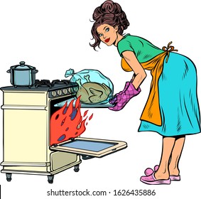 Woman housewife bakes bird in the oven. Pop art retro vector illustration kitsch vintage 50s 60s