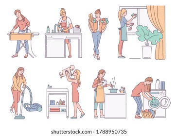 Woman housewife character set performing housework activity and taking care of child and family, sketch cartoon vector illustration isolated on white background.