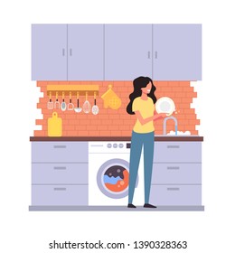 Woman housewife character washing dish plate. House work home interior concept. Vector flat graphic design cartoon illustration