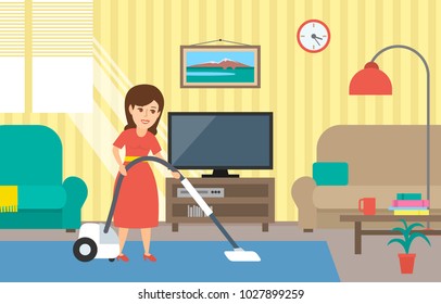 woman housewife cleaning a room with vacuum cleaner