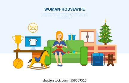 Woman housewife, in a comfortable, quiet environment, knitting on the couch, and is engaged in household chores. Vector illustration. Can be used in banner, mobile app, design.