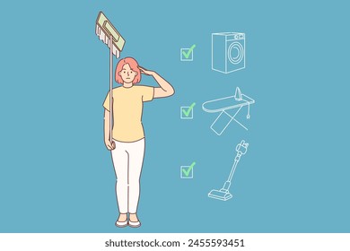 Woman housewife completed all housework stands in soldier pose with mop in hands. Checkbox of washing machine and vacuum cleaner or ironing board, for concept task plan for doing housework