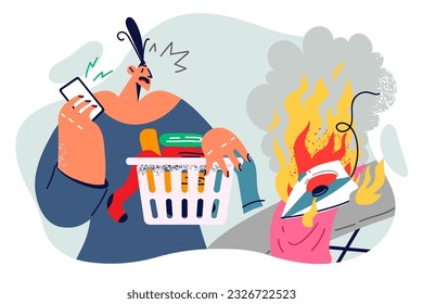 Woman housewife was distracted and allowed fire while ironing clothes because of phone conversation. Frightened housewife girl panicked saw flames on ironing board and fell into stupor.