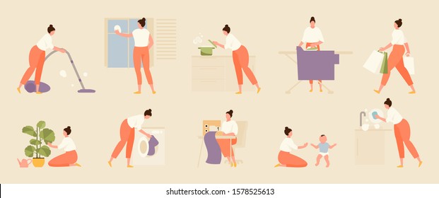 Woman housewife does various housework. Vector set illustration