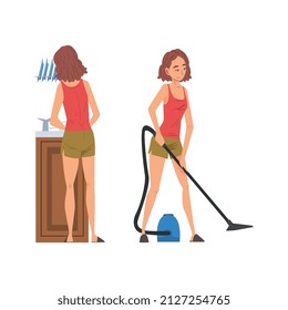 Woman Housewife Doing Domestic Chores Washing the Dishes and Vacuum Cleaning Floor Vector Set