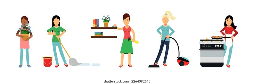 Woman Housewife Doing Housework and Housekeeping Vector Set