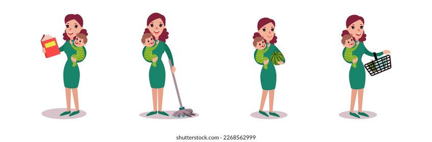 Woman Housewife Doing Housework and Housekeeping Vector Set