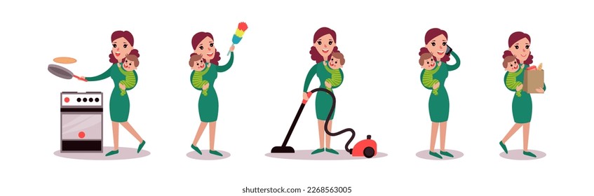 Woman Housewife Doing Housework and Housekeeping Vector Set