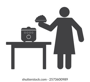 Woman housewife with electric rice pot cooker on table and plate in hand kitchenware icon